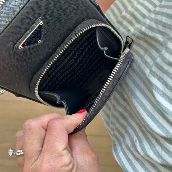 PRADA Saffiano Leather Zip-Around Smartphone Case Crossboday Bag Black - Picture 12 of 12